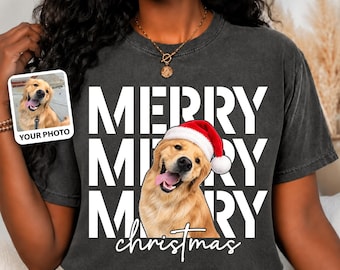 Comfort Colors® Custom Dog Photo Christmas Shirt, Personalized Merry Merry Merry Tee, Pet Santa Hat Portrait, Dog Lover Gift