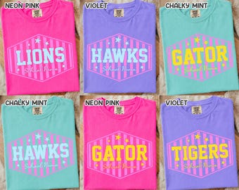 May include: Six short-sleeved t-shirts in neon pink, violet, and chalky mint colors. Each shirt features a central graphic of a striped hexagon containing the text LIONS, HAWKS, GATOR, or TIGERS, the words School Name, and small star icons.