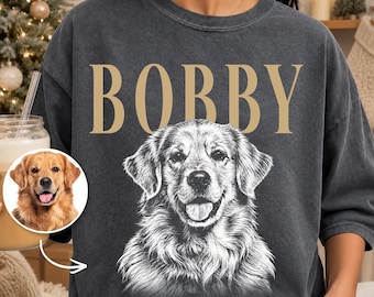 Comfort Colors® Custom Dog Portrait Shirt, Personalized Pet Name Tee, Line Art Sketch Dog Photo, Dog Mom Dad Memorial Gift
