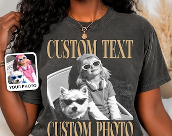 Comfort Colors® Custom Photo Shirt, Personalized Text Retro Bootleg Tee, Vintage Photo Graphic Tee, Pet Kid Family Portrait Gift