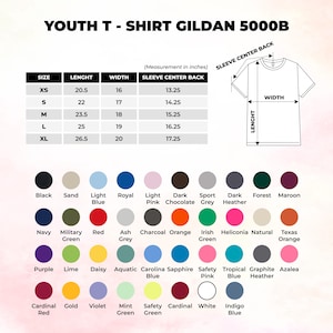 以下が含まれることがあります： インチ単位の測定値が記載されたGildan 5000BユースTシャツのサイズ表。Tシャツの線画と、黒から白までラベル付けされた41種類の異なるカラーオプションのパレットが含まれています。