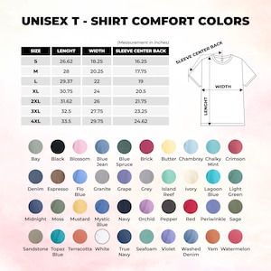 以下が含まれることがあります： Comfort ColorsのユニセックスTシャツサイズチャート。Sから4XLまでのインチ単位の測定値表、長さ・幅・袖丈を示す図、およびラベル付きの48個の円形カラー見本グリッドが表示されています。
