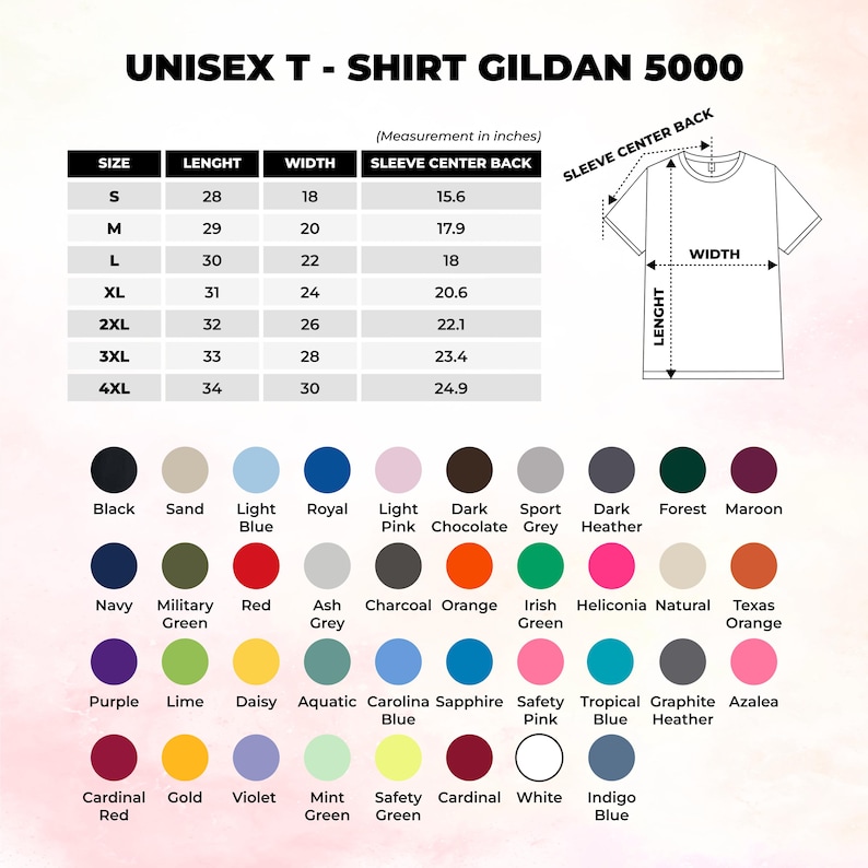 以下が含まれることがあります： Gildan 5000ユニセックスTシャツのサイズ表。インチ単位の長さ、幅、袖中心の測定値がSから4XLまで記載されています。表の下には、ラベル付きの45個の円形カラーサンプルが並ぶカラーパレットが表示されています。