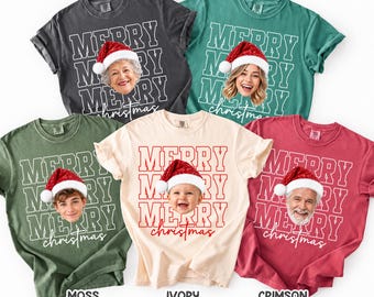 Comfort Colors® Custom Face Christmas Shirt, Merry Christmas Photo Tee, Personalized Santa Hat T Shirt, Funny Holiday Gift