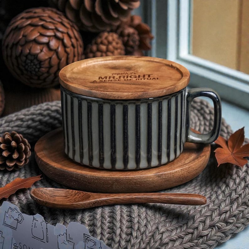 May include: A ceramic mug with vertical black stripes, a wooden lid, and a matching saucer. The lid is engraved with the words "MR. RIGHT A SENSE OF RITUAL". A small wooden spoon rests on a gray knitted surface.