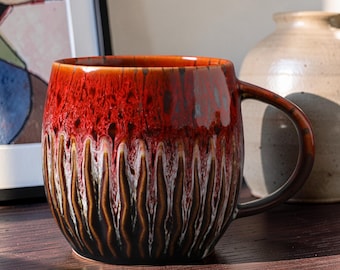 Red Drip Glaze Ceramic Coffee Mug, Large Pottery Cup, Textured Glaze Design