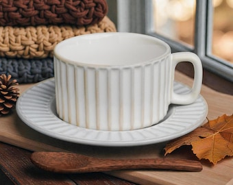 Aesthetic Ceramic Coffee Cup and Saucer Set, Pottery Cappuccino & Latte Art Mug, Gift For Her