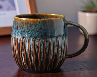 Ceramic Coffee Mug, Blue Drip Glaze, Vertical Pattern, Artisan Pottery Cup