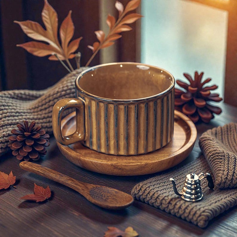 May include: A brown ceramic mug with vertical ribbed detailing sits on a wooden saucer. A wooden spoon and a small silver kettle-shaped object are also visible. The scene is set with autumn leaves and a knitted textile, creating a cozy, warm aesthetic.
