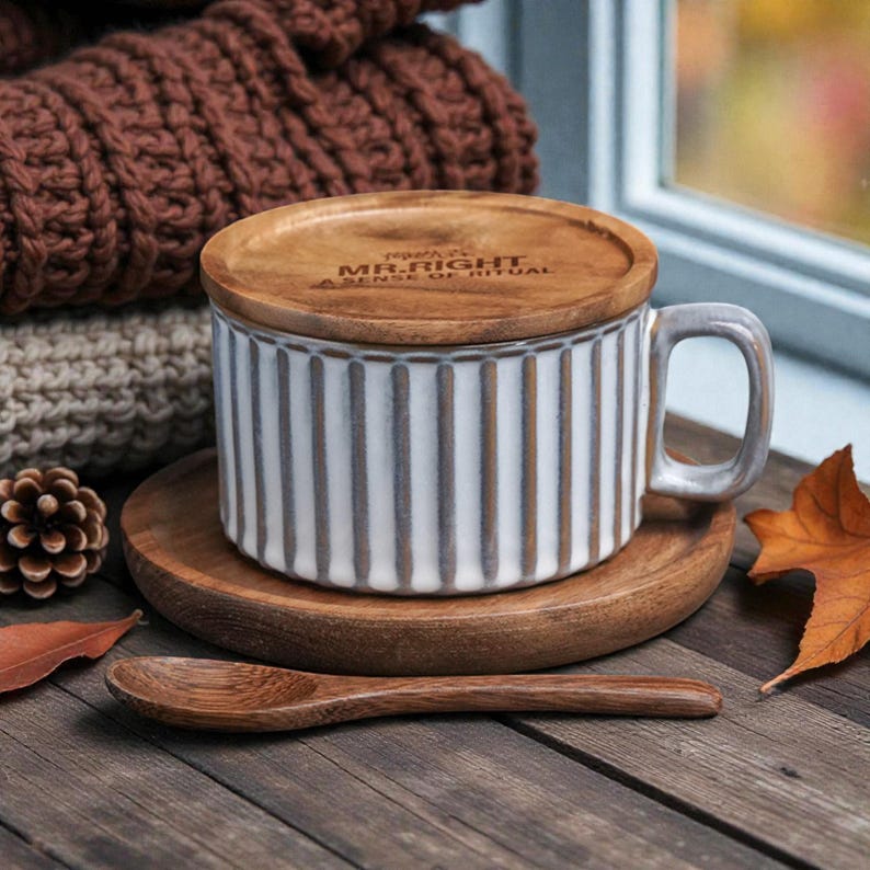 May include: A ceramic mug with a wooden lid and matching saucer. The mug is white with vertical gray stripes. The lid is engraved with the text "MR. RIGHT A SENSE OF RITUAL". A wooden spoon rests on the table.