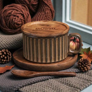 May include: A brown ceramic mug with a wooden lid, saucer, and spoon. The mug has vertical lines and a handle. The lid is engraved with "MR. RIGHT A SENSE OF RITUAL". The set is on a gray knitted surface with fall decorations.