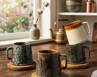 Japanese Style Ceramic Mug, Rustic Textured Coffee Cup, Earthy Handmade