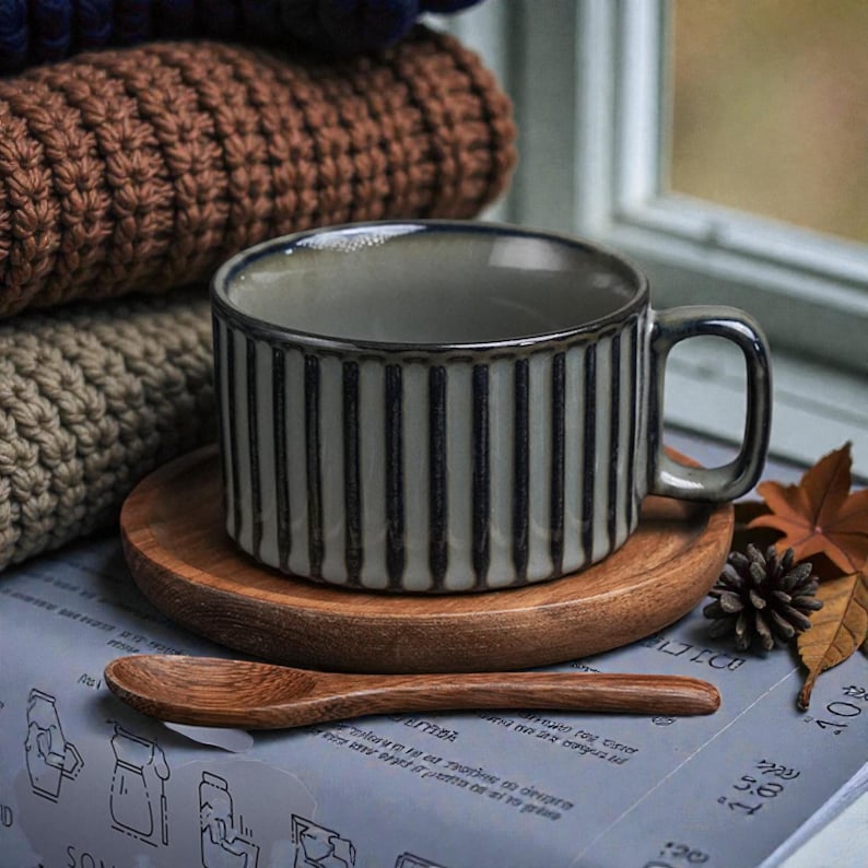 May include: A gray and white striped ceramic mug with a handle sits on a small wooden plate. A wooden spoon rests on a patterned surface in front of the mug. A stack of knitted items is in the background.