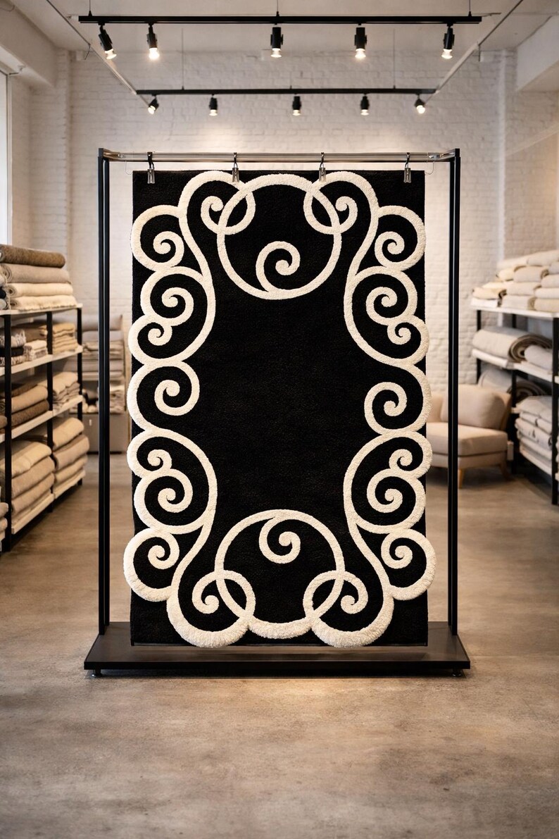 Black and White Scroll Rug, Modern Bathroom Rug, Luxury Bath Mat, Non ...