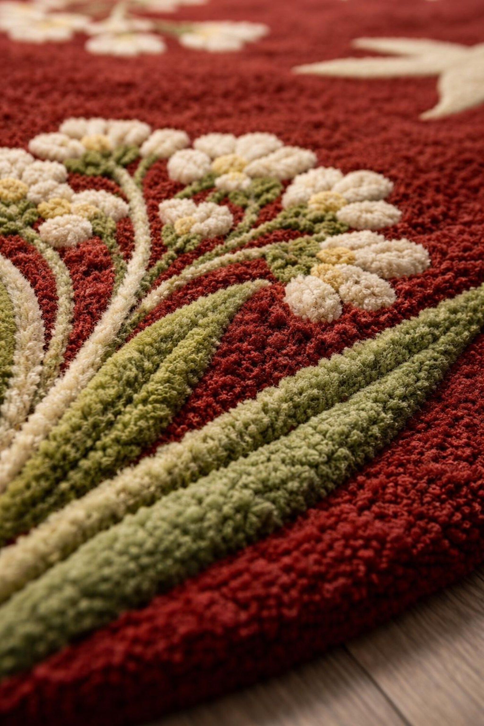 Red Floral Round Rug, Botanical Area Rug, Vintage Style Flower Carpet ...