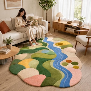 Ręcznie robiony, pikowany, abstrakcyjny dywan, nowoczesny, kolorowy dywan, dywan o organicznym kształcie, artystyczny wystrój salonu, miękki wełniany dywan, dywan na wymiar