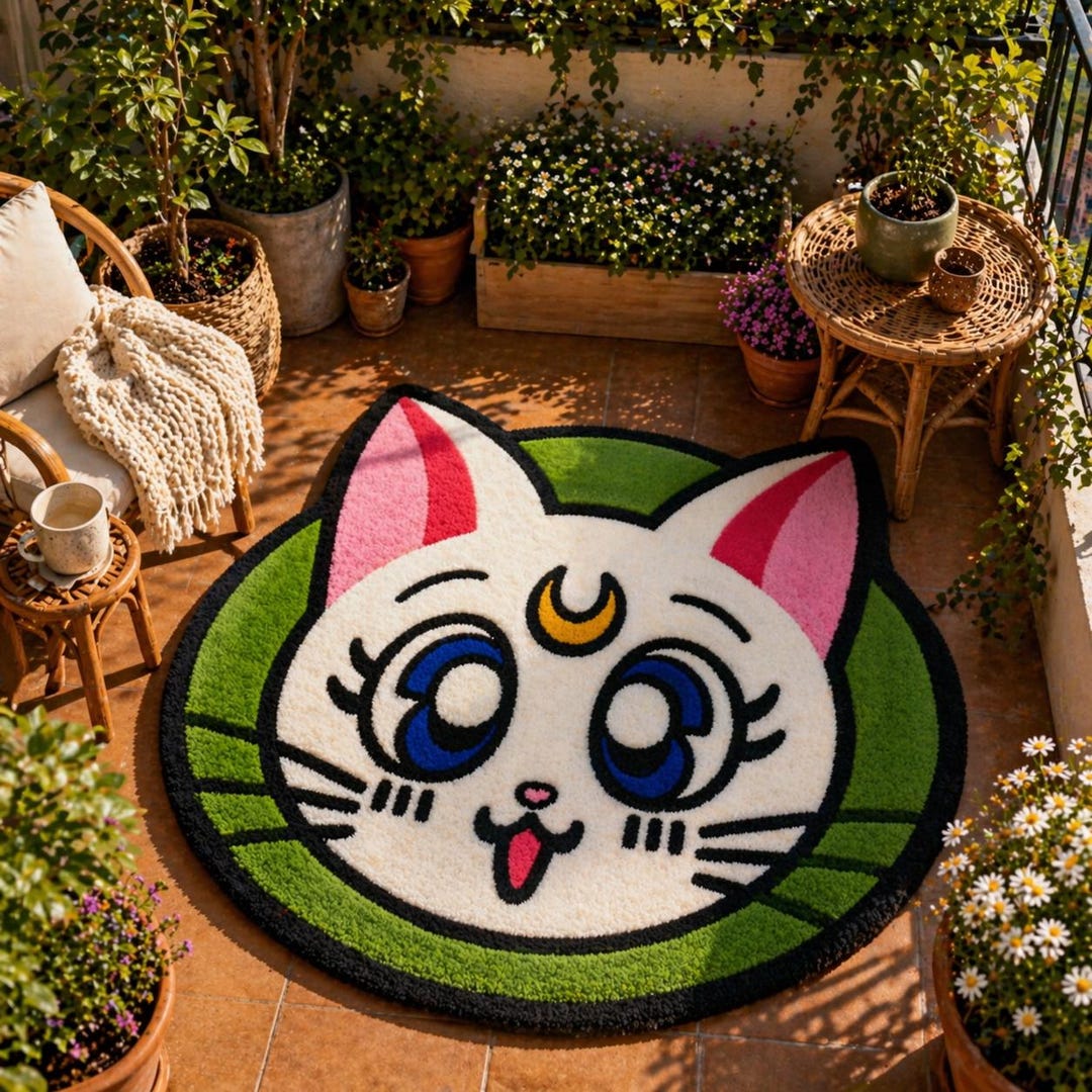 Cute Cat Rug, Anime Tufted Rug, Kawaii Kitty Carpet, Handmade Cartoon ...