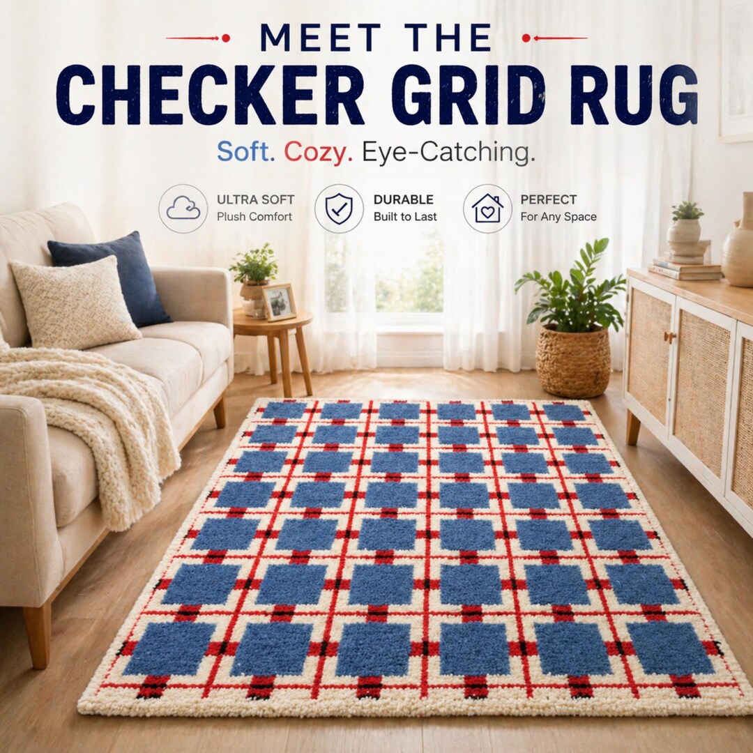 Blue Checked Rug Blue Checkered Rug: Hand Tufted Area Rug - Handmade Carpet, Living Room ...