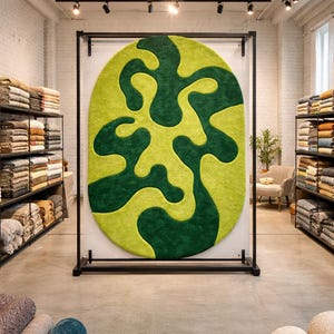 Handmade Round Green Abstract Rug, Modern Shag Area Rug, Lime & Dark Green Wavy Pattern Carpet, Plush Living Room Decor