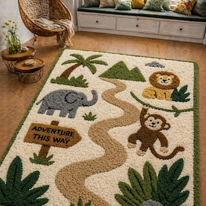 Jungle Safari Kids Rug, Tufted Animal Rug, Nursery Carpet, Lion Monkey Elephant Rug, Kids Room Decor, Adventure Theme Rug, Handmade Area Rug
