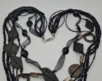 Vintage 7-Strand Black Statement Necklace, Mixed Media Layered Beads & Mesh Ribbon, Mother of Pearl Shell, Opera Length Boho Jewelry, 1990s