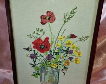 Vintage 1970s Framed Cross Stitch – Hand Embroidered Poppies & Wildflowers