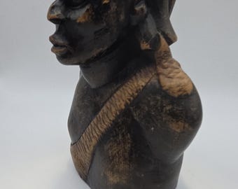 Vintage Hand-Carved African Hardwood Bust - Tribal Warrior Male Figure - Authentic Ethnic Sculpture