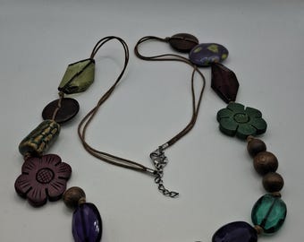 Vintage 1970s Boho Statement Necklace, European Artisan Handmade, Long 35" Wood, Ceramic & Lucite Bead Necklace, Hippie Era Jewelry