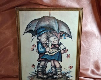 Vintage 1972 Stapco Lithograph: Children Under Umbrella, Hummel Style Framed Art