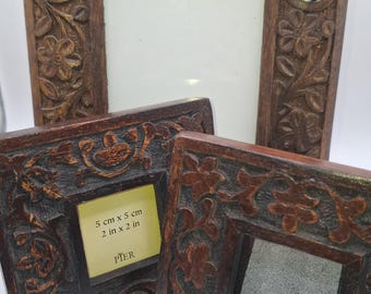 Vintage Hand-Carved Wooden Photo Frame Set – Boho Rustic Home Decor