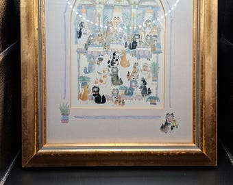 Vintage Diane Elson Framed Cat Art "The Dance Hall" – Whimsical British Illustration, Hand-Painted Mount, Made in England