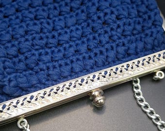 1970s Vintage Crochet Clutch, Navy Blue Evening Bag, Silver Kiss Lock