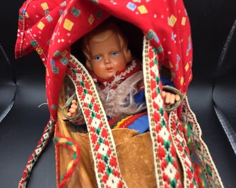 Vintage Sami Gietkka Doll Cradle with German Minerva Celluloid Doll - Buschow & Beck, 1920s Lapland Folk Art