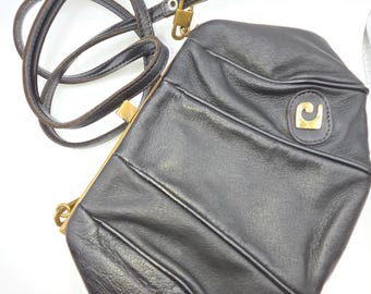 Vintage 1980s Pierre Cardin Black Leather Crossbody Bag, Small Frame Purse, Kiss Lock, Authentic Designer Evening Bag, Retro French Style