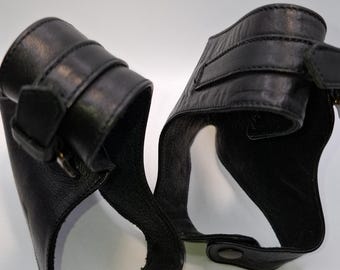 Vintage Leather Motorcycle Shifter Boot Protectors, Gear Shift Shoe Guards, Biker Footwear Scuff Protectors, Brass Buckles Riding Accessory