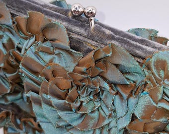 Vintage Y2K Velvet Wristlet Clutch with Iridescent Raw-Edge Flowers, Teal and Bronze Evening Bag, Retro 2000s Shimmer Cocktail Purse