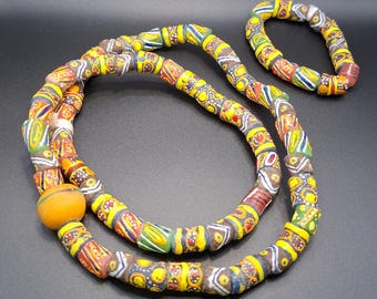 Authentic Ghanaian Krobo Powder Glass Beads Necklace & Bracelet Set | Recycled Glass, African Tribal Jewelry, 90cm + 20cm