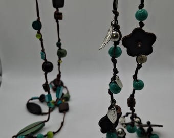 Vintage 1970s Boho Necklace Set of 2 with Wood Leather and Mother of Pearl Heart 36" and 42" Long Hippie Jewellery
