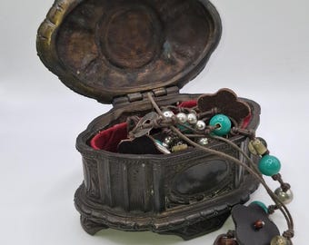 Victorian Ornate Jewelry Casket, Bronze Tone Metal Trinket Box, Red Velvet Lining