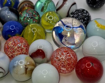 Vintage Glass Marbles Set of 23, Collectible Iridescent Swirl Marbles