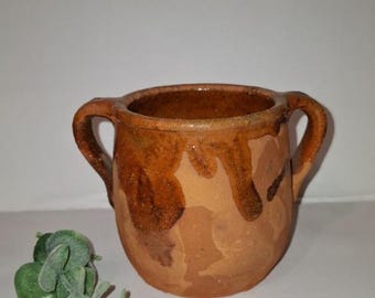 Vintage Rustic Terracotta Vessel, Hand-Thrown Red Clay Pot 2 Handles, Wabi-Sabi Small Glazed Jug, Authentic Ukrainian Pottery, Shelf Decor