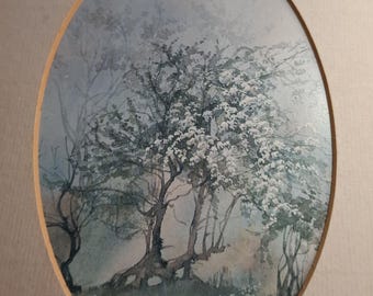 Vintage Welsh Landscape Lithograph, Framed Misty Forest Art, 1980s Wales