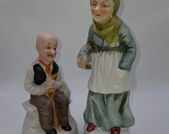 Vintage Porcelain Figurines: Mid-Century Old Man & Woman Set