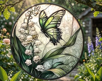 DASTOLL Lily of the Valley Butterfly Stained Glass Suncatcher