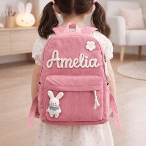 パーソナライズされたコーデュロイの子供用バックパック、カスタムネームスクールバッグ、男の子と女の子へのギフト