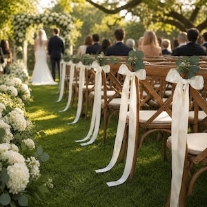 Op de afbeelding: Een rij houten stoelen met kruisrugleuning voor een buitenceremonie, elk versierd met een witte satijnen strik en een takje groene eucalyptusbladeren aan de bovenkant, geplaatst op een gazon met witte bloemstukken.