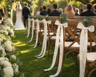 Ivory Satin Wedding Chair Bows with Eucalyptus Greenery, Long Tail Ribbon Decorations