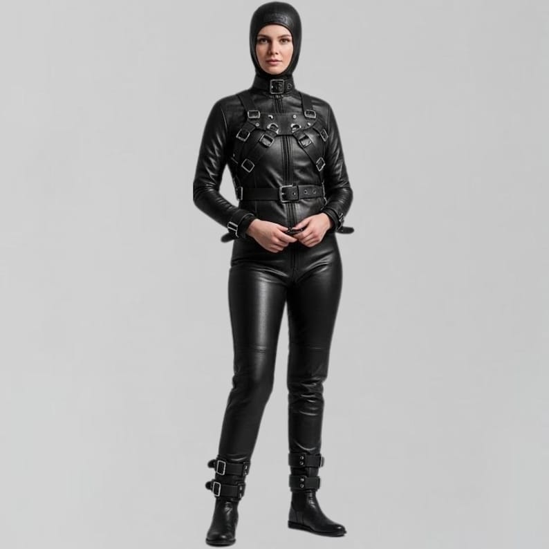 May include: A black leather outfit featuring a hooded jacket with multiple straps and buckles, paired with matching pants and boots. The jacket has a zip-up front and a belt at the waist. The boots have multiple buckles.