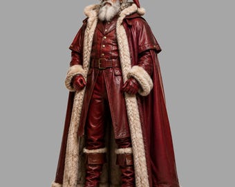 Luxe rode leren kerstmanjas en -cape – fantasie-outfit met bontafwerking