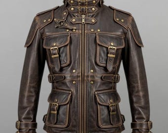 Echtleder Steampunk Jacke mit Messingschnallen,